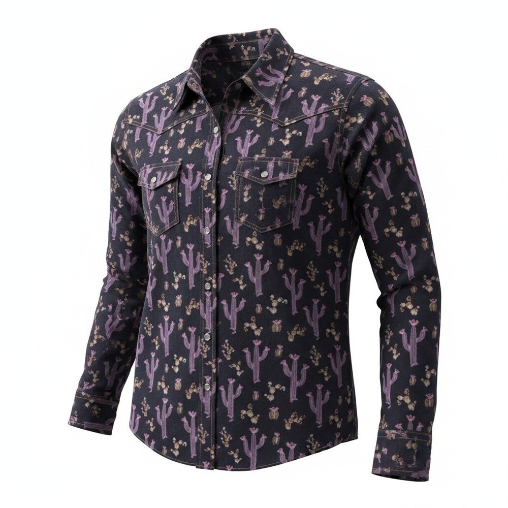 Cowgirl Hardware Pink Cactus Print Western Snap Shirt Navy XL 14/16 Long Sleeve